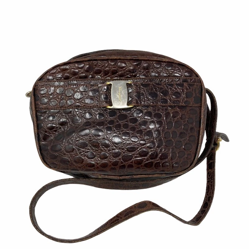 Salvatore Ferragamo Crossbody Bag Purse Brown Croc Embossed Leather Zip Small