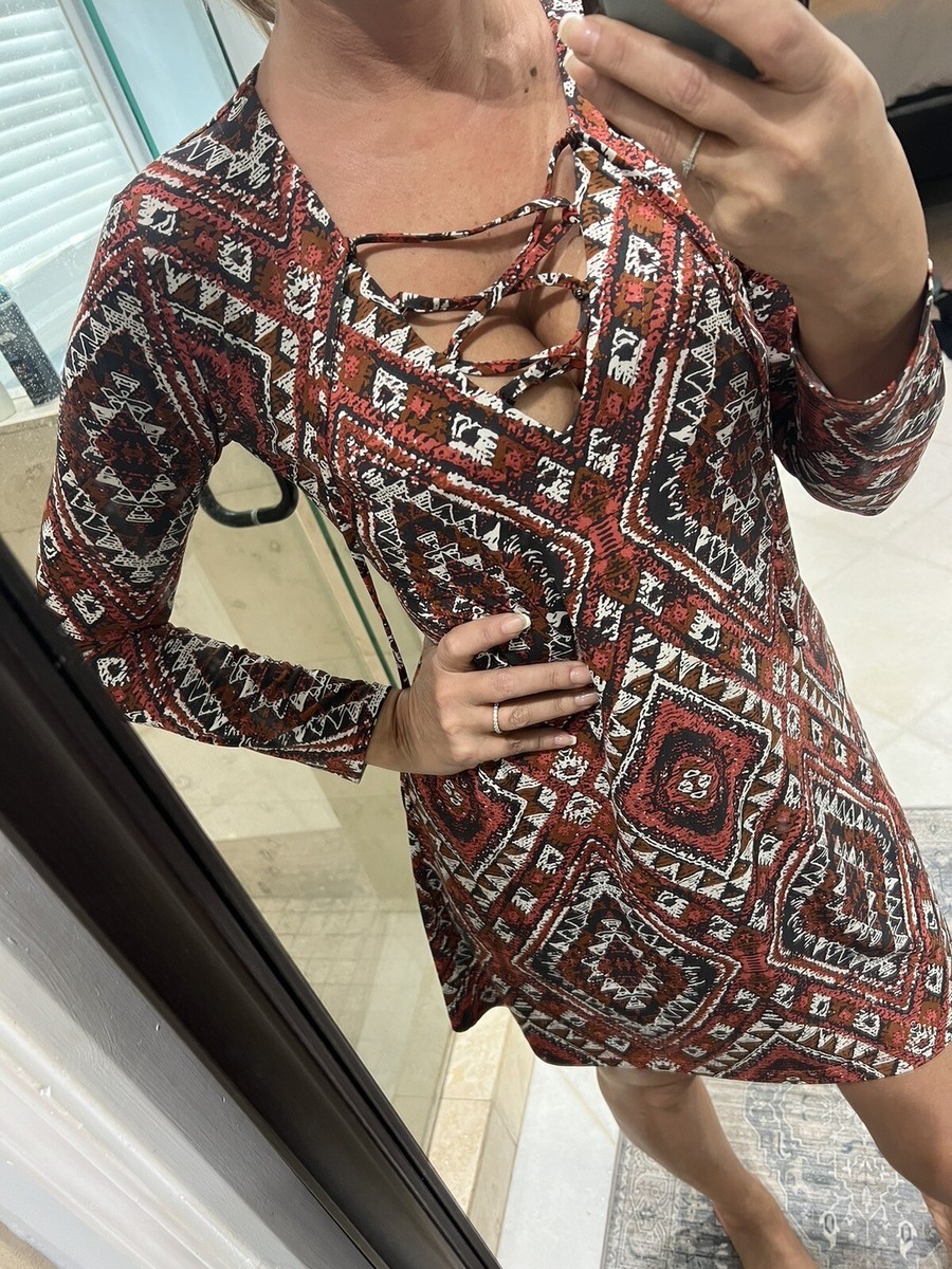 Veronica M Dress Sz XS Red Orange Aztec Lace Up Neck Dress Long Sleeved