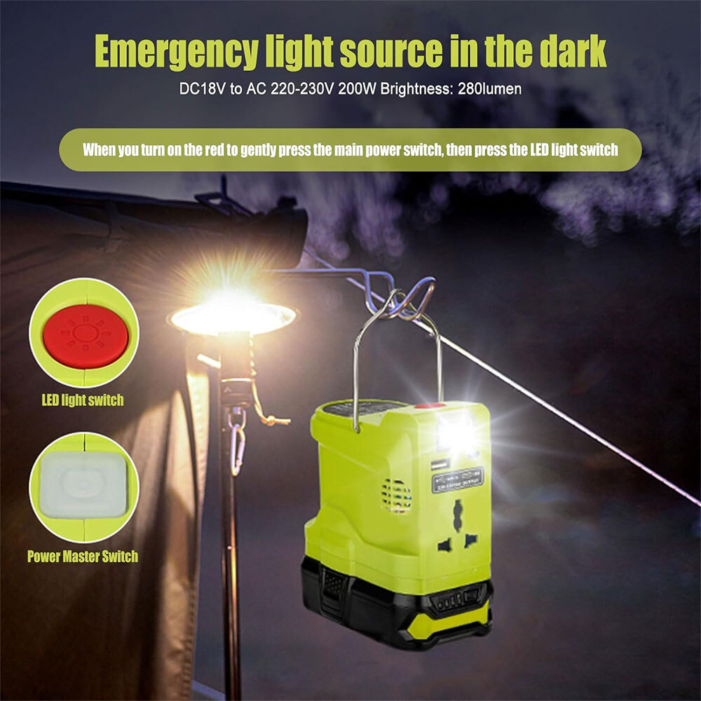 200W Portable Power Inverter DC 18V To AC 220V For Ryobi 18V Battery w