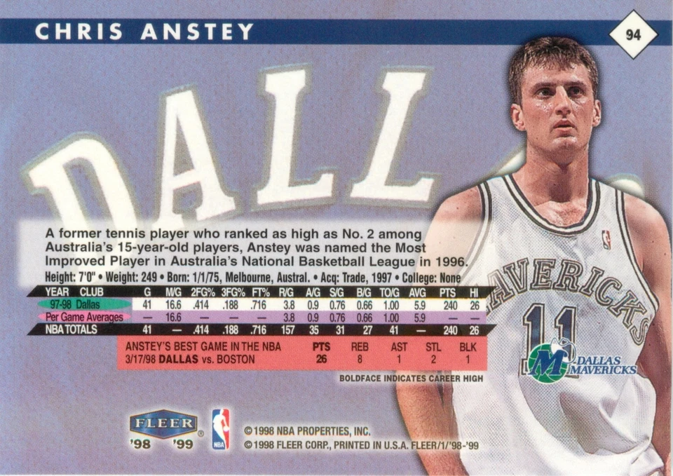 Tarjeta de baloncesto Chris Anstey 1998-99 Fleer Tradition #94 Dallas Mavericks Foto 2 de 2