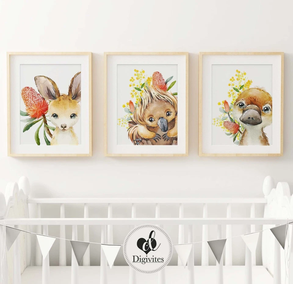Baby Nursery Wall Art Prints Australian animals Echidna, Kangaroo, Platypus
