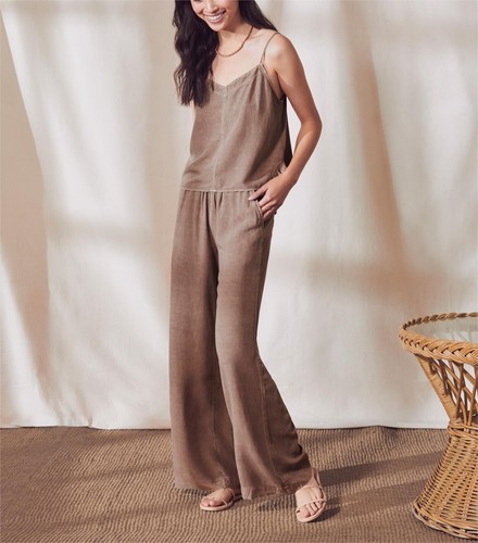 SPLENDID Brown Golden Hour Wide Leg Pants MEDIUM Viscose Linen Loose Lounge X1 - Picture 2 of 15