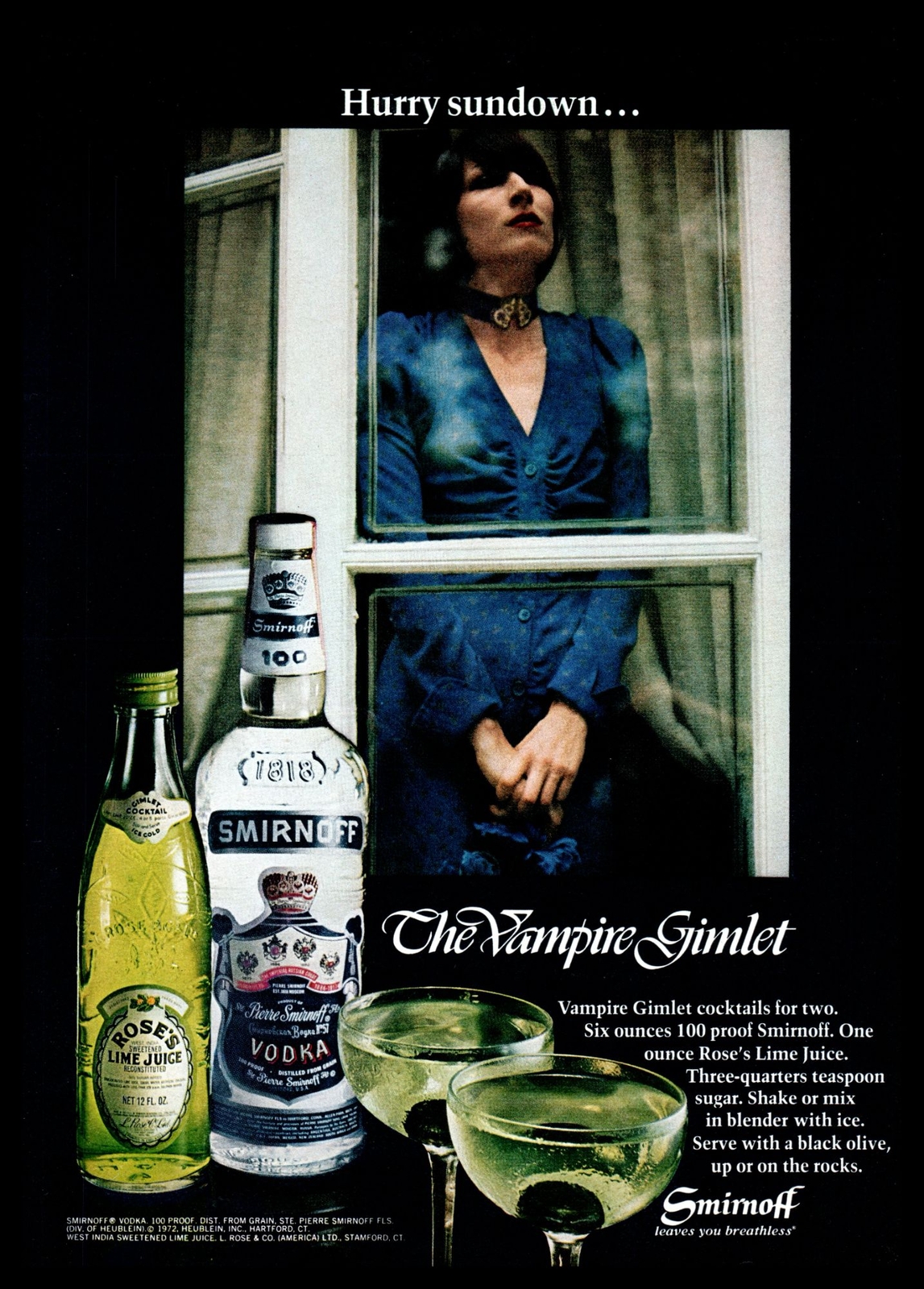 1972 Smirnoff Vodka Vintage Print Ad Rose's Lime Juice Vampire Gimlet