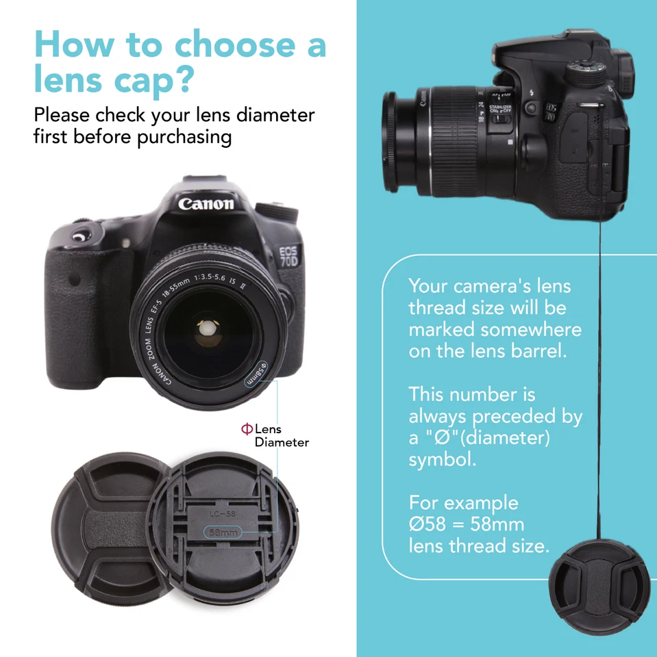 Center Pinch Snap-On Front Lens Cap Cover + Anti Lost String f DSLR Camera x2 - Image 2 of 4