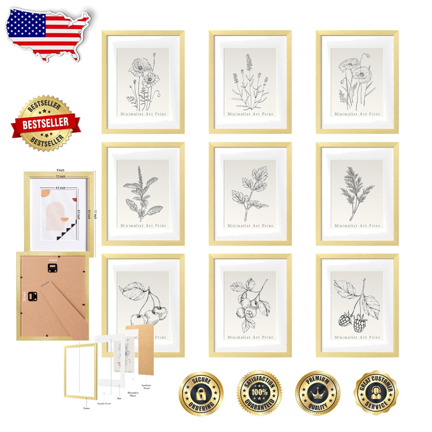Versatile Picture Frames Set of 9 for 5x7 and 8x10 Photos in Gold Finish-image