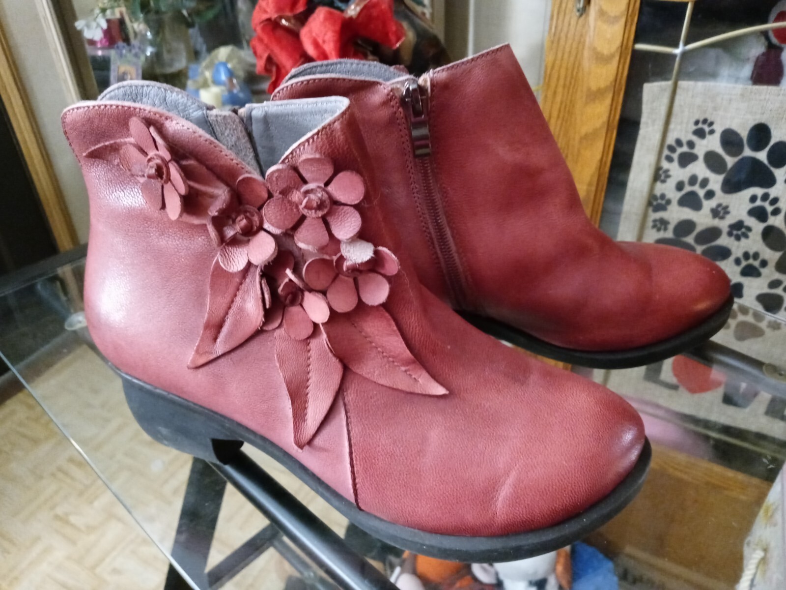  Beautiful Red leather boots, hand crafted flowers design on sides, very stylish