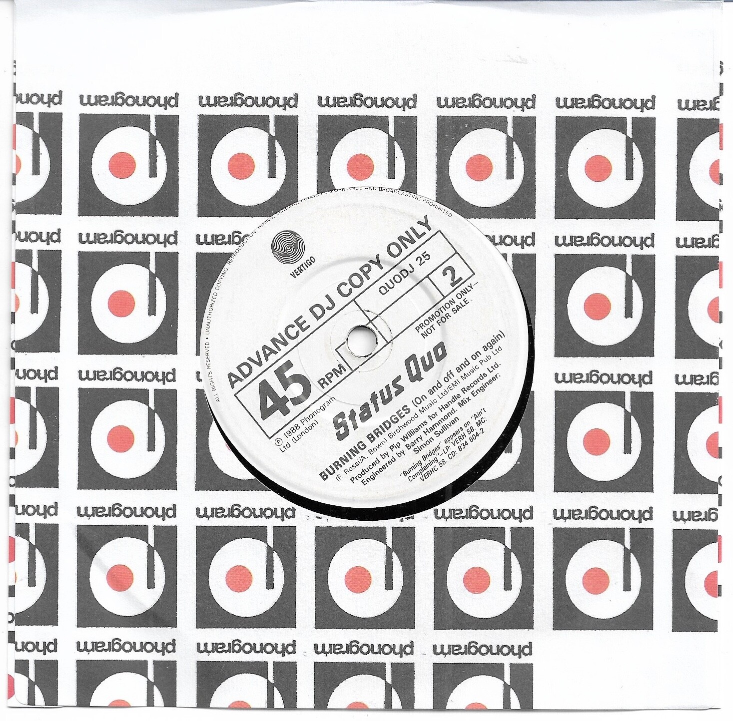 Status Quo Burning Bridges Rare 1988 UK 2 track promo vinyl 7" eBay