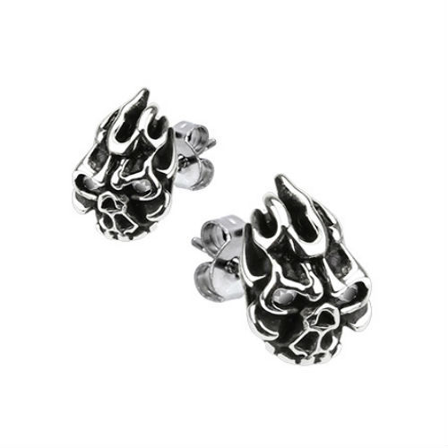 Par Pendiente de Hombre Acero Calavera Demonio en Llamas Biker Nuevo 112