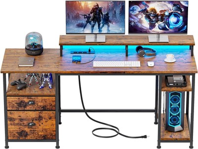 Furologee 61'' Computer Desk with Power Outlet 61in Outlets, Rustic Brown 
