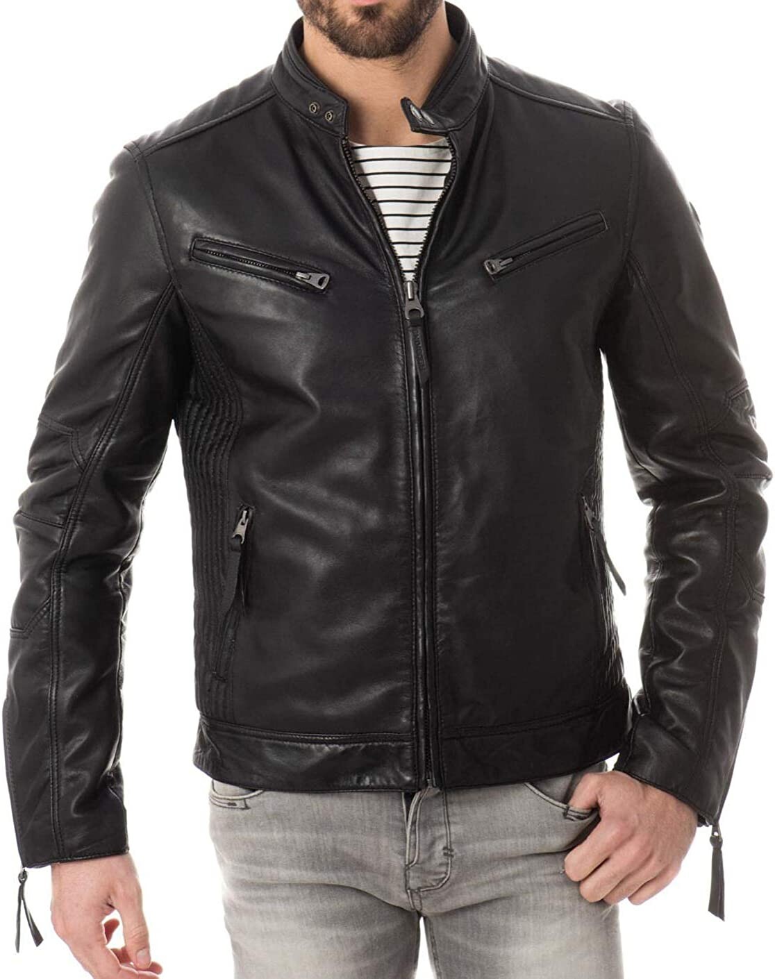 Men's Black Slim Fit Real Leather Biker Jacket Motorcycle Racer Style 31-image