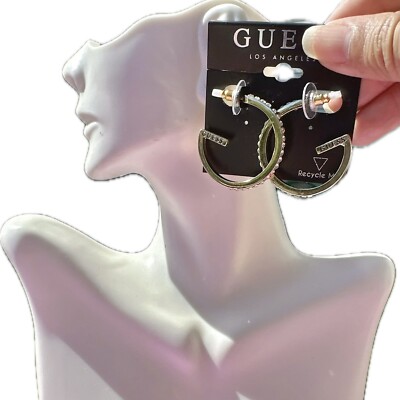 Guess Earrings G shape open loop diamond paved drops gold tone logo signed 