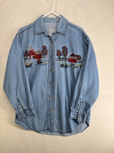 Paul Harris Denim Shirt Womens Medium Embroidered Barn Farm Scene Western Top