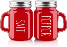 Red Salt and Pepper Shakers Set, 4 Oz Modern Glass Shaker with Stainless Steel L