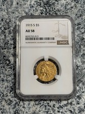 1915-S $5 Gold Indian Head Half Eagle NGC AU58 Better Date San Francisco Pre-33
