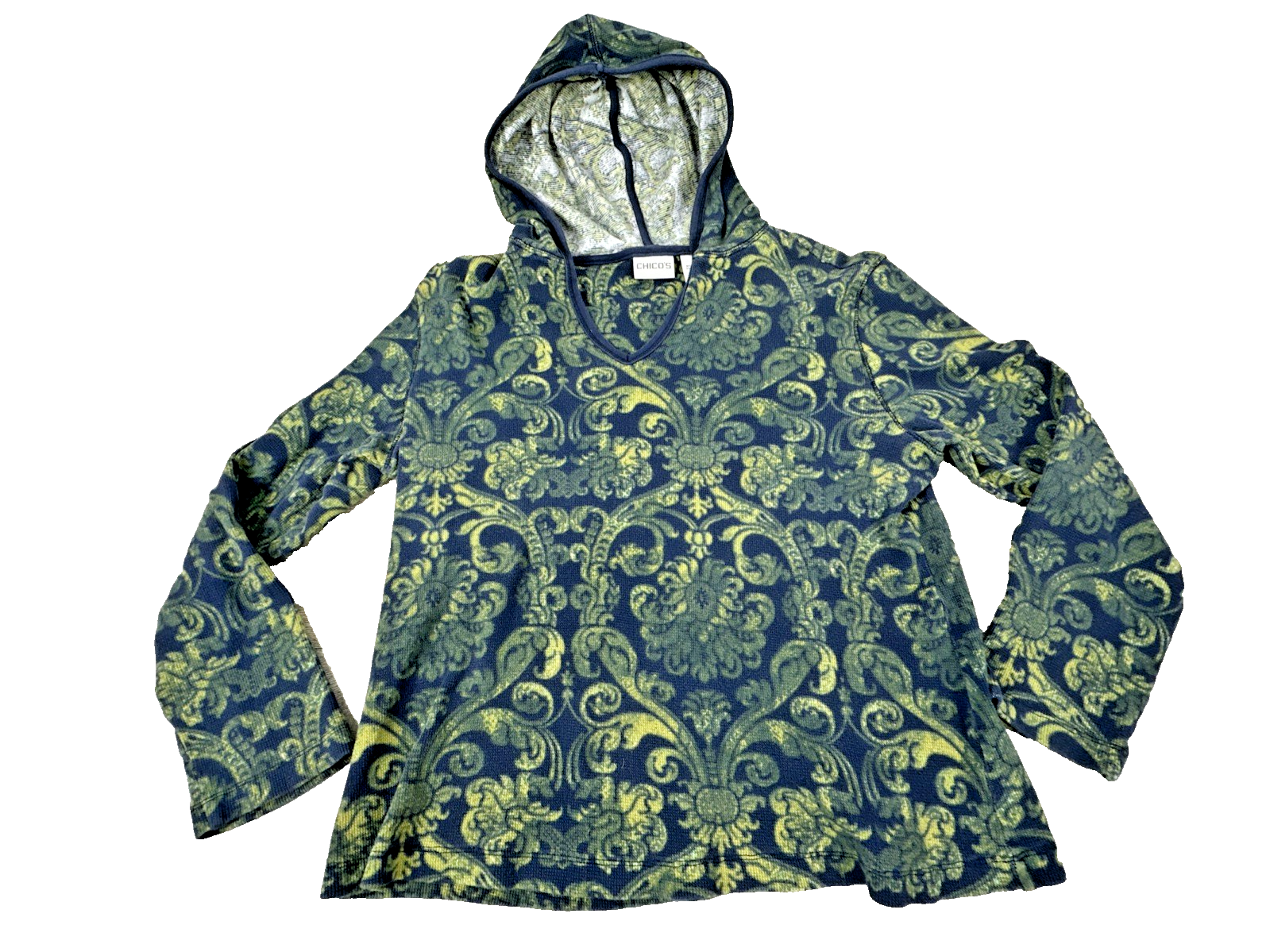Chico's Women's Hooded Sweater Size 3 XL Blue Yellow Paisley Pullover Knit Boho