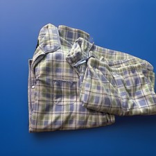 Aria Collection Women Pajama Set XL Blue Green Plaid Fleece Button Up Sleepwear