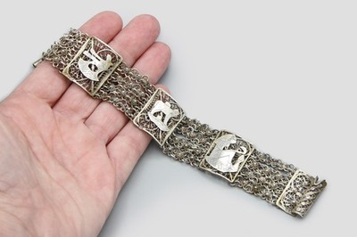 Antique Egyptian Revival Filigree Bracelet, Low Grade Silver Heavy Panel Bangle