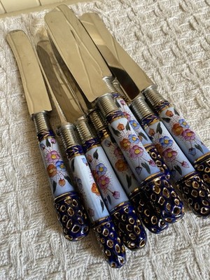 Vintage Porcelain Cloisonné Floral Imari Stainless Steel Knives Set Of 8