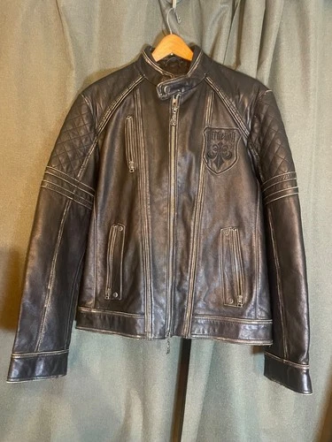 Limited Edition Affliction Black Premium Leather Cross Jacket L Weathered vtg - product listing photo