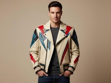 Giacca da motociclista in pelle panna per uomo - giacca da moto, vera pelle di mucca, fatta a mano