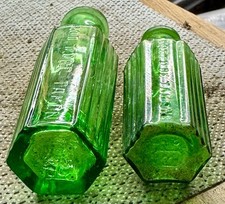 Pair (x2) of Lovely 1890’s  Emerald Green Glass POISON Bottles (K582)
