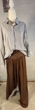 Boho Palazzo Pants Women  s L Brown Smocked High Waist Wide Leg 50/50 Rayon Poly