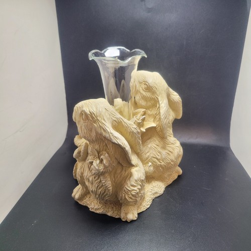 Statuina coniglietti primavera 3 conigli vetro e resina fiore bocciolo vaso vintage NOS - Foto 20 di 20