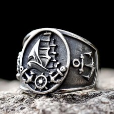 Viking Ship and Anchor Ring Stainless Steel Ring