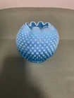 Large Fenton Blue Opalescent Hobnail Ruffled Top Rose Bowl