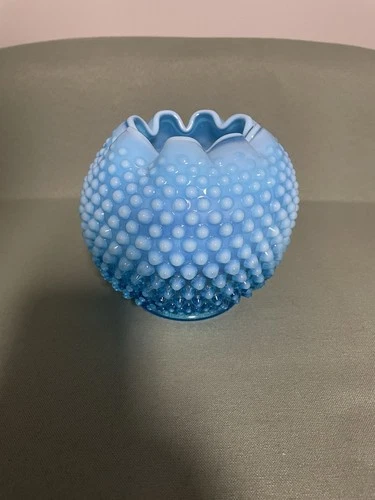Large Fenton Blue Opalescent Hobnail Ruffled Top Rose Bowl