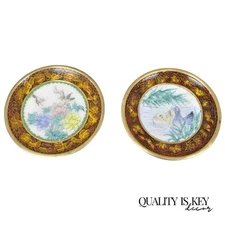 Vintage Chinese Brass Enamel Cloisonne Small Trinket Dish Set Brown - Set of 2