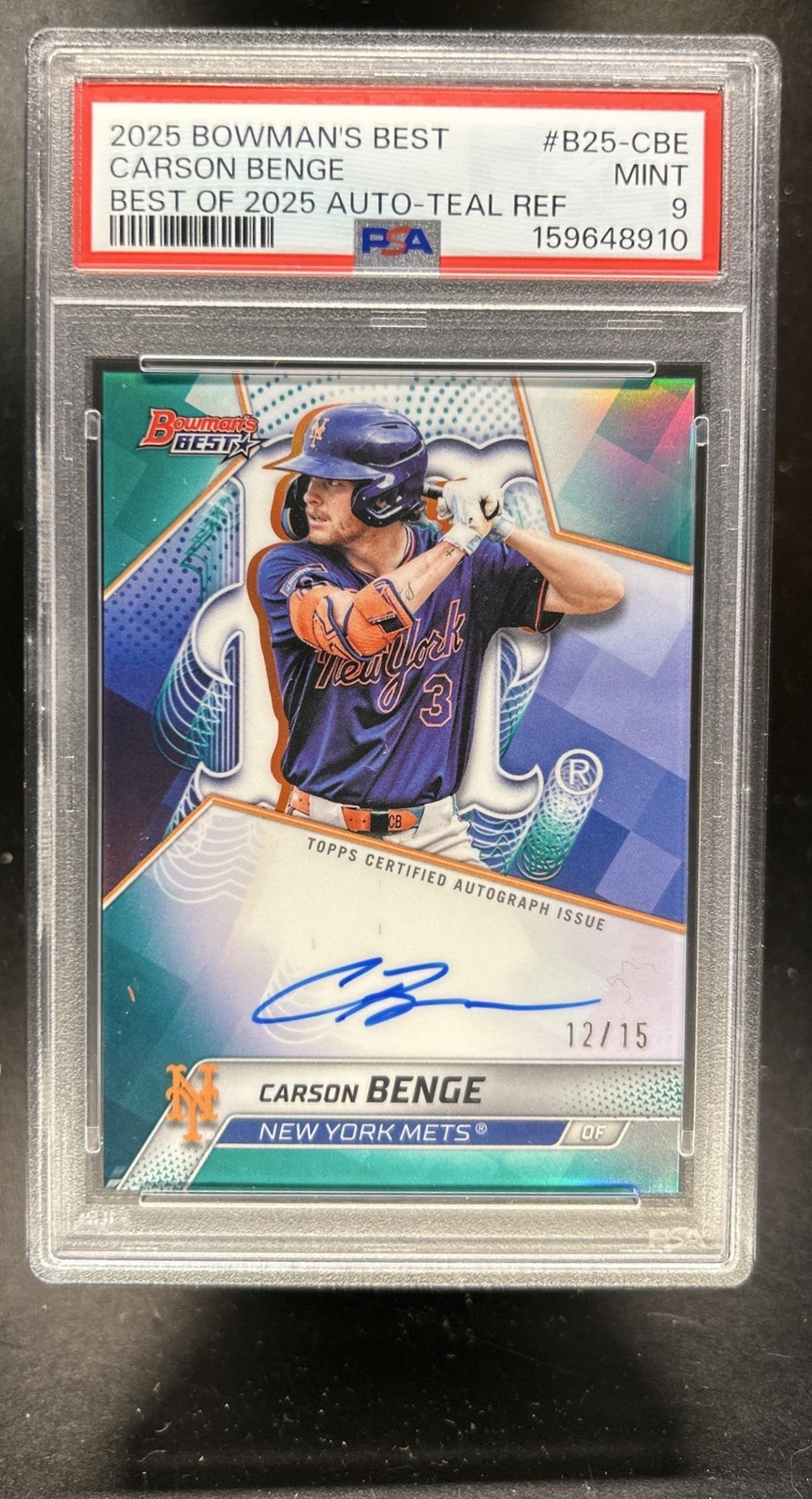 2025 Bowman's Best Carson Benge Auto Autograph Teal Refractor #/15 Mets PSA 9 view 1