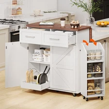 Rolling Kitchen Island with Drop Leaf Power Outlet Open Shelves for Dining Room