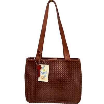 NWT Fossil Constance Shopper Tote Basketweave Shoulder Bag Women Brown Boho Chic