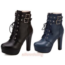 Women Round Toe High Heel Platform Ankle Boots Lace Up Buckle Shoes 48 49 50 D