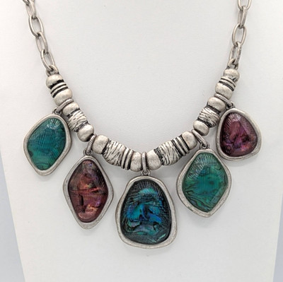 Boho Silver Tone Faux Abalone Statement Bib Necklace Green Purple Iridescent