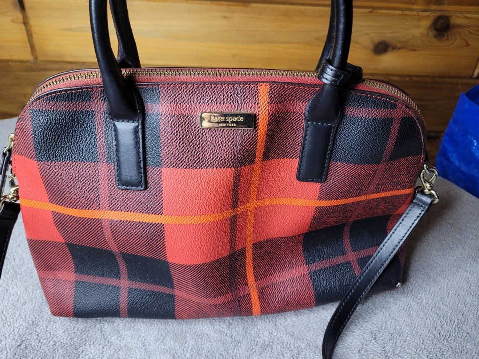 Kate Spade Red Black Plaid Medium Satchel Leather Handbag Purse Crossbody - Image 2 of 4