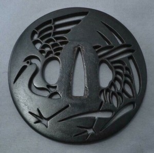 Rare Edo Era Antique Iron Crane Tsuba for Samurai Sword Katana #2