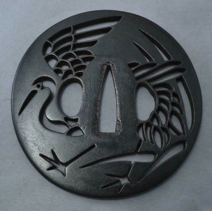 Rare Edo Era Antique Iron Crane Tsuba for Samurai Sword Katana #2