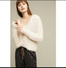 Anthropologie Knitted & Knotted  Ivory Fuzzy Snowfrost Sweater Size XSP