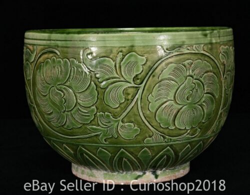 8" Old Chinese Yue Kiln Green Glaze Porcelain Relief Flower Bird Pattern Bowl