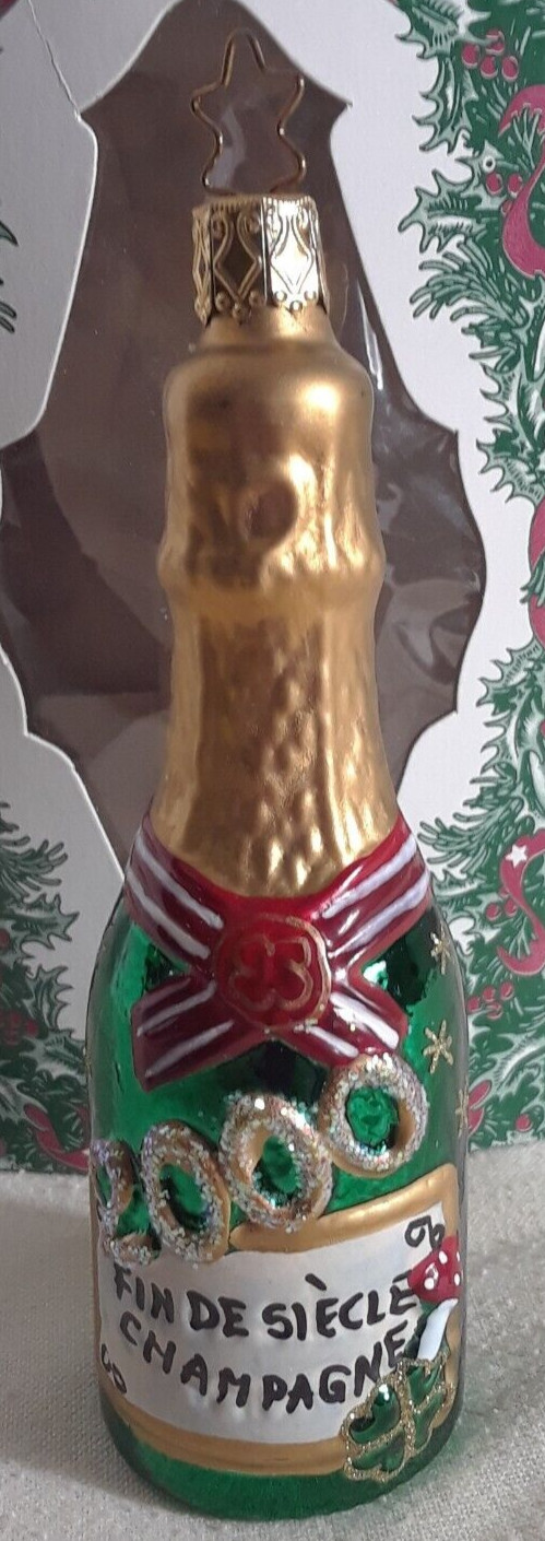Merck Family’s Old World Christmas Ornament 2000 Champagne Bottle 5" Blown Glass