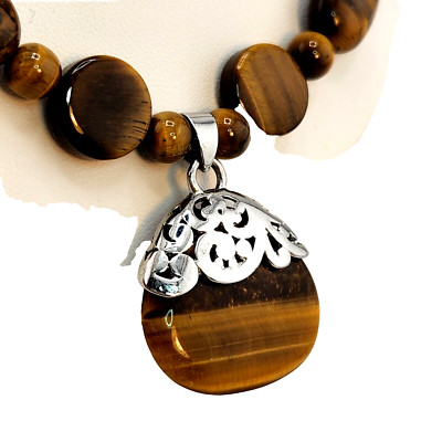 Sterling Silver Cap Tiger's Eye 18'' Necklace 7'' Bracelet Oval Button Round Beads