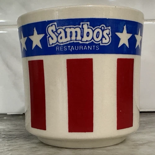 SAMBO'S RESTAURANT CUP 1970s RED WHITE BLUE STARS AMERICAN FLAG COFFEE CUP  GUC