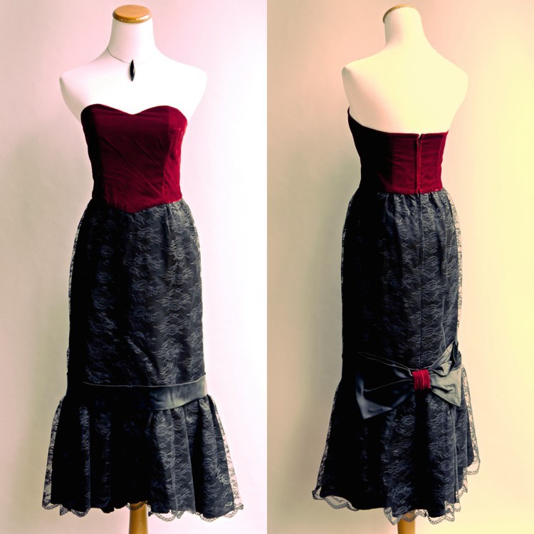 VTG 80s Goth Punk Dress Red Velvet Black Lace Victorian Formal Gown Mermaid  S | eBay