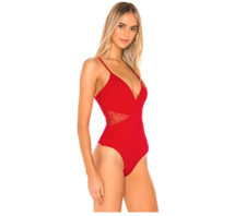 Women's Lovers  Friends Kerrie Lace V Neck Bodysuit in Cherry Red NWT