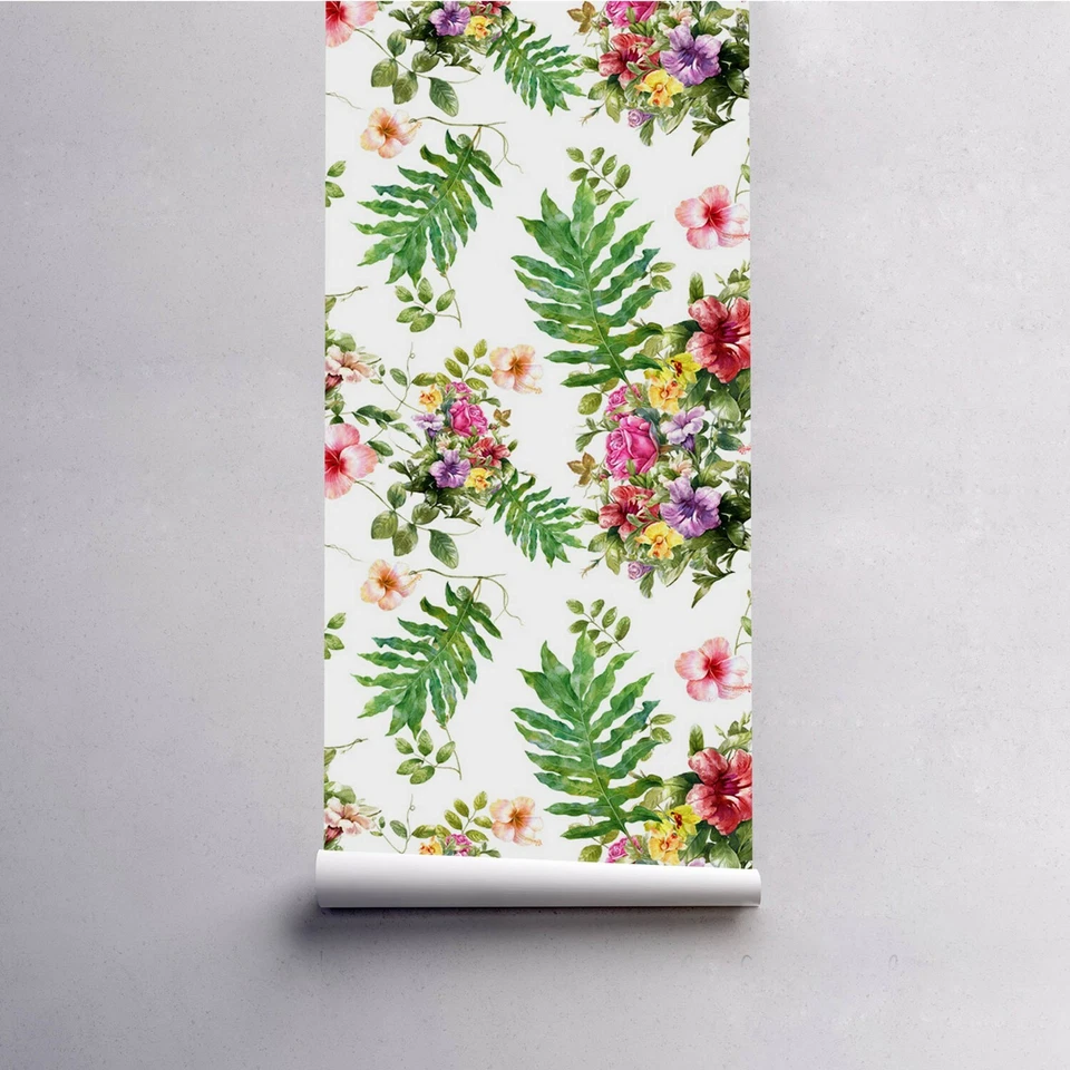 Papel Pintado Extraíble Acuarela Pintura de Hojas y Flores Colorido Suave Foto 2 de 4