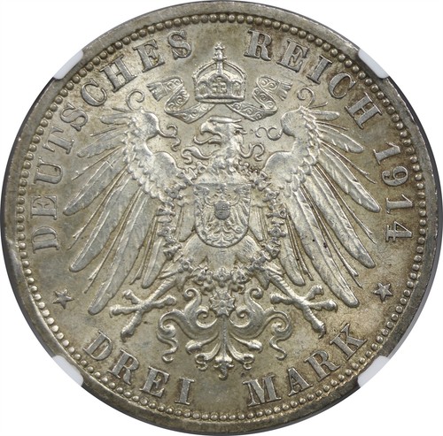 1914A Germany Silver 3 Mark NGC MS 62 German States Prussia - Picture 4 of 4