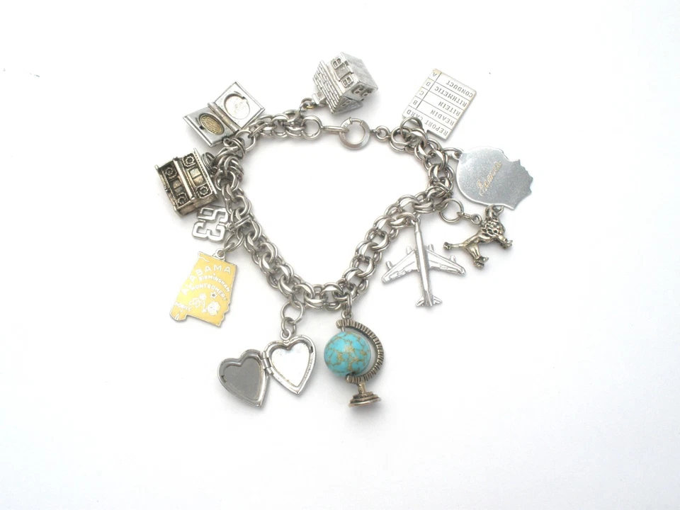 Pulsera con dije de plata esterlina 11 dijes avión globo Biblia perro medallón corazón Foto 3 de 4