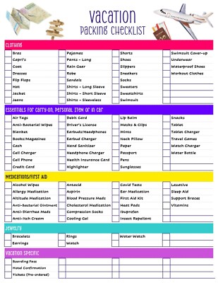Vacation Travel Packing List Checklist Double Sided Don't